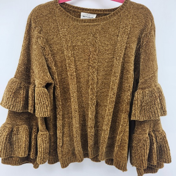 For The Republic Sweaters - For The Republic Chenille Sweater Brown Cable Knit Tiered Ruffle Bell Sleeve XL